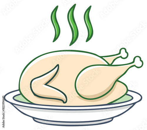 Steaming hot roasted chicken or turkey on a serving platter cartoon illustration