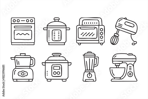 Minimal oven, mixer and blender graphics for culinary and recipe projects