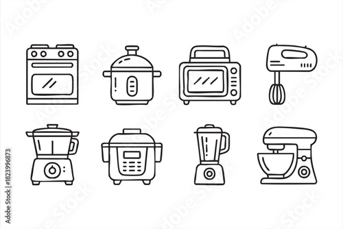 Household cooking device icon set for home kitchen and meal prep themes