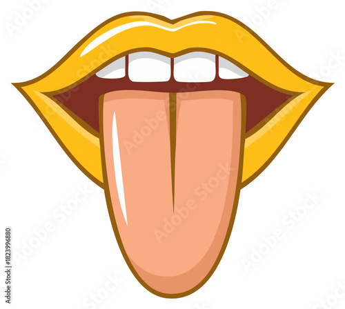 Bright yellow lips with teeth showing and a long tongue sticking out