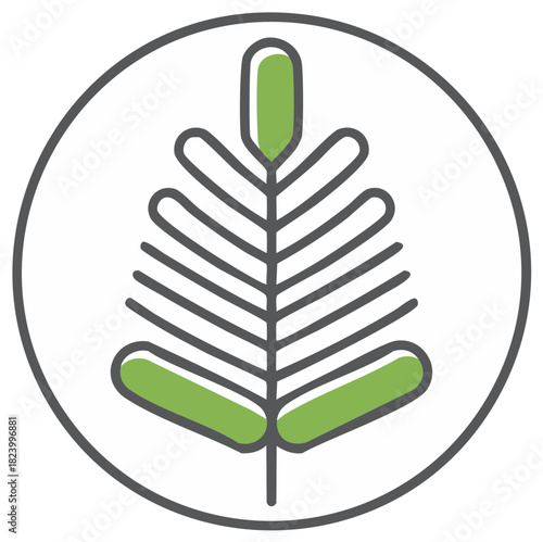 Stylized green pine branch inside a gray circle icon