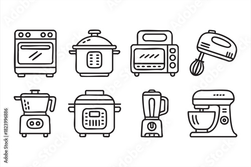 Pressure cooker, food processor and toaster oven icons for modern kitchen visuals