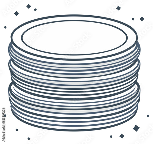 Stack of clean white plates with decorative elements. Vector illustration of tableware for meals.