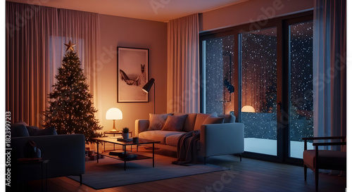 Modern cozy living room with glowing Christmas tree and snowy night view through large glass doors creating warm elegant winter holiday interior atmosphere