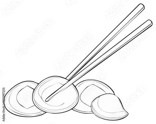 Dumplings with Chopsticks Line Art Asian Cuisine Delicious Traditional Meal