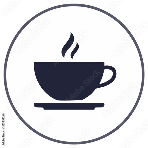 Simple flat icon of a steaming hot coffee or tea cup on a saucer. Minimalist hot beverage symbol.