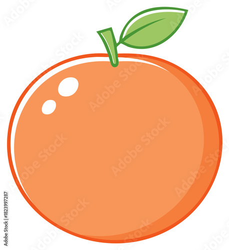 Stylized orange fruit illustration. Citrus with green leaf, vibrant colors, fresh vitamin C food product. Simple vector fruit image.