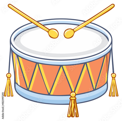 Cartoon snare drum with drumsticks and yellow tassels for rhythmic music and performance