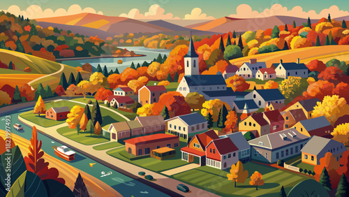 Very beautiful aerial panorama of Confluence, a small town in Somerset County, Pennsylvania, showcasing colorful autumn foliage, tree-lined streets, and charming residential areas under warm fall ligh