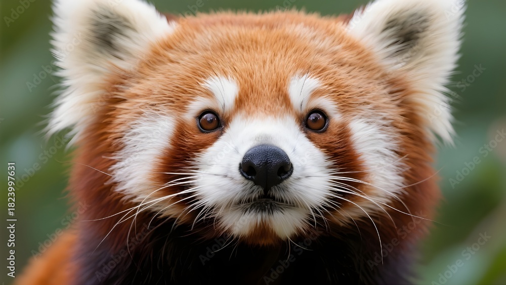 Fototapeta premium A close-up of a red panda with its fluffy fur and cute round face, looking incredibly adorable.