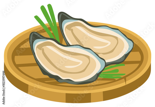 Freshly Shucked Oysters Served on a Wooden Plate with Scallions