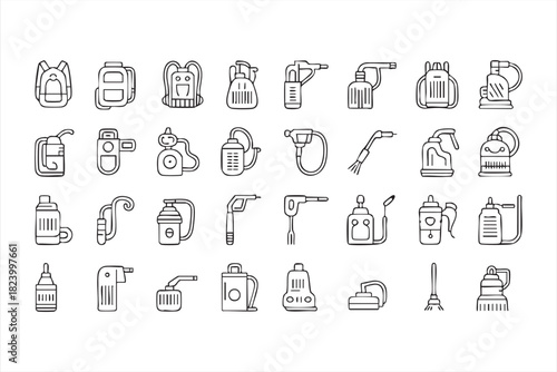 Vector spray bottle and pump equipment icons for hygiene and disinfection themes