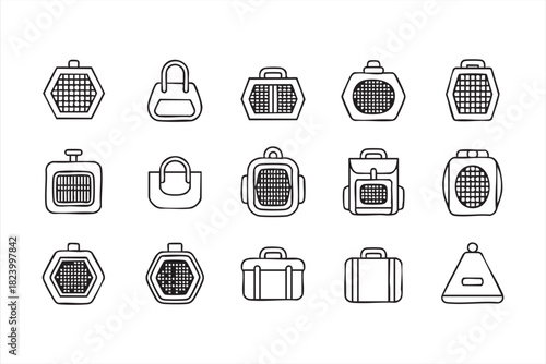 Line art pet carrier and travel crate icons for animal transport and mobility