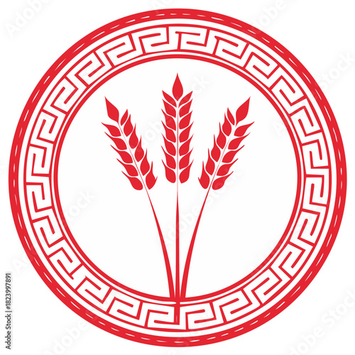 Red Wheat Stalks in a Circular Frame with a Geometric Greek Key Pattern