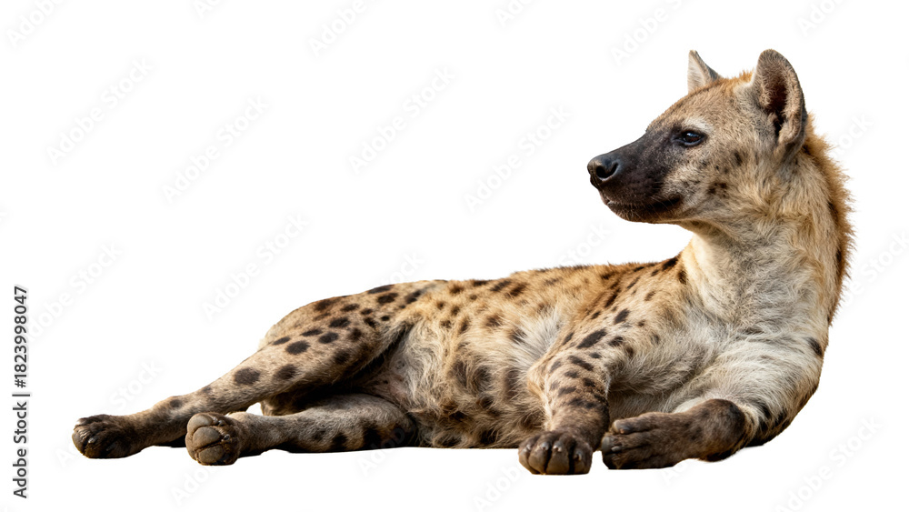 Obraz premium Hyena resting calmly on a white background showcasing distinctive spotted fur and attentive posture