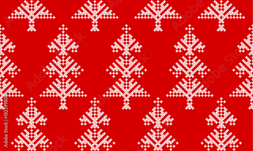 Winter seamless vector pattern with christmas trees, cozy embroidery pattern on red background. Surface design for textile, fabric, wallpaper, wrapping
