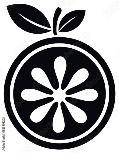 Simple black silhouette of a citrus fruit slice with leaves and stem