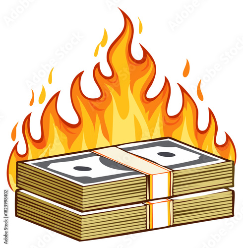 Money on fire graphic illustration depicts financial loss and expense