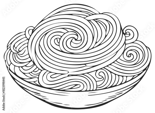 Stylized black and white line art illustration of a bowl of swirling pasta noodles