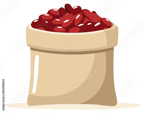 Burlap sack overflowing with red kidney beans flat vector illustration
