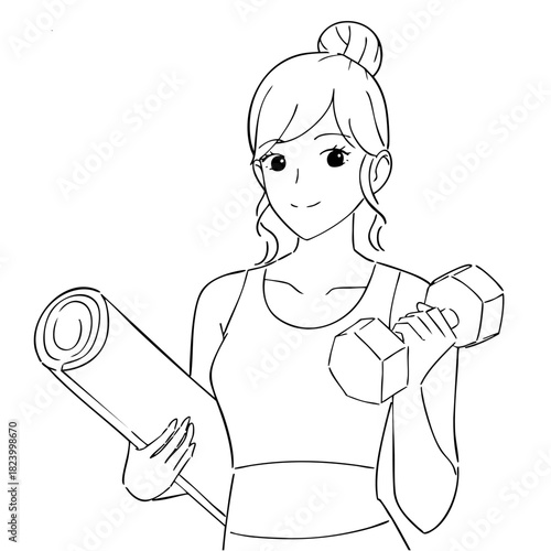 ダンベルとヨガマットの女性　白黒イラスト