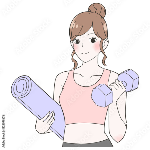 ダンベルとヨガマットの女性　イラスト