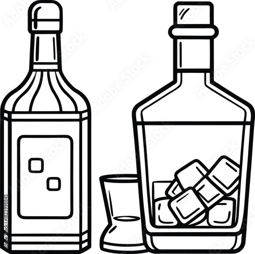 Liquor Bottles and Shot Glass Line Art Vector
