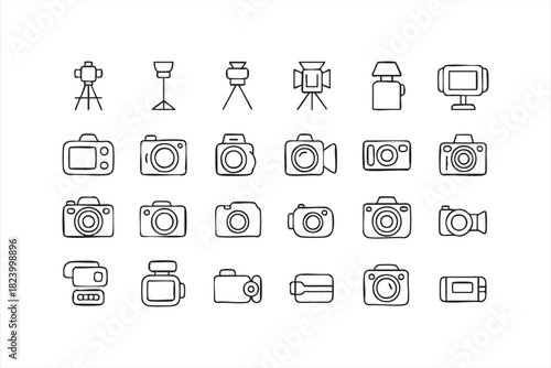 Line art camera and video equipment icon set for photography and media production