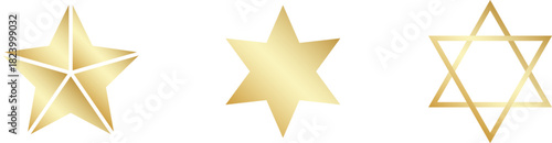 Gold Christmas star set isolated. Star Tree Topper. Shiny golden ornament decoration design. Vector, PNG or JPG