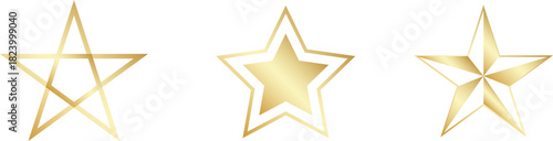 Gold Christmas star set isolated. Star Tree Topper. Shiny golden ornament decoration design. Vector, PNG or JPG