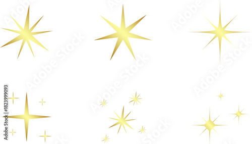 Gold Christmas star set isolated. Star Tree Topper. Shiny golden ornament decoration design. Vector, PNG or JPG