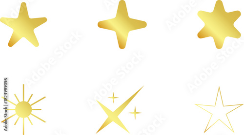 Gold Christmas star set isolated. Star Tree Topper. Shiny golden ornament decoration design. Vector, PNG or JPG
