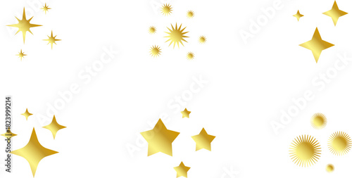 Gold Christmas star set isolated. Star Tree Topper. Shiny golden ornament decoration design. Vector, PNG or JPG