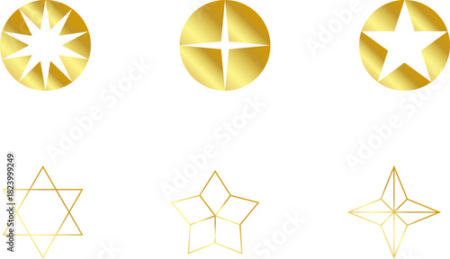 Gold Christmas star set isolated. Star Tree Topper. Shiny golden ornament decoration design. Vector, PNG or JPG