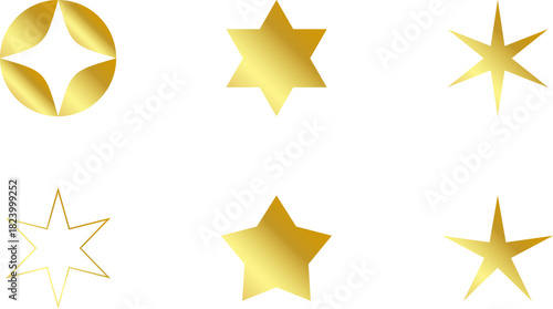 Gold Christmas star set isolated. Star Tree Topper. Shiny golden ornament decoration design. Vector, PNG or JPG