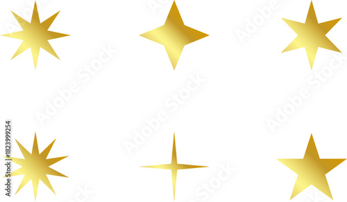 Gold Christmas star set isolated. Star Tree Topper. Shiny golden ornament decoration design. Vector, PNG or JPG