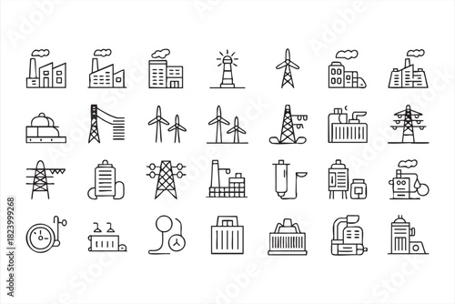Industrial factory and power plant icon set for energy production and utilities