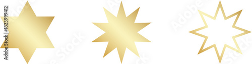 Gold Christmas star set isolated. Star Tree Topper. Shiny golden ornament decoration design. Vector, PNG or JPG