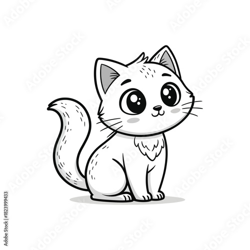 Cute cartoon kitten with big eyes and fluffy tail black and white drawing