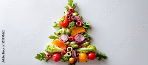 Healthy christmas tree made from fresh fruits and vegetables, copy space
