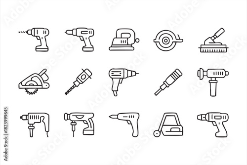 Line art power tool icon set for construction and industrial maintenance