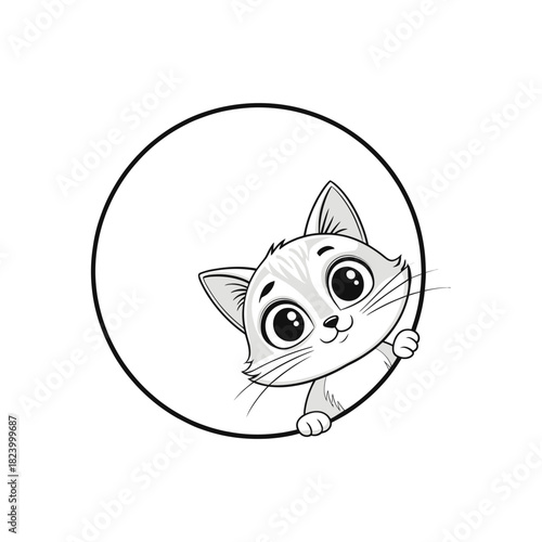 Cute cartoon kitten peeking out from a circle with big eyes