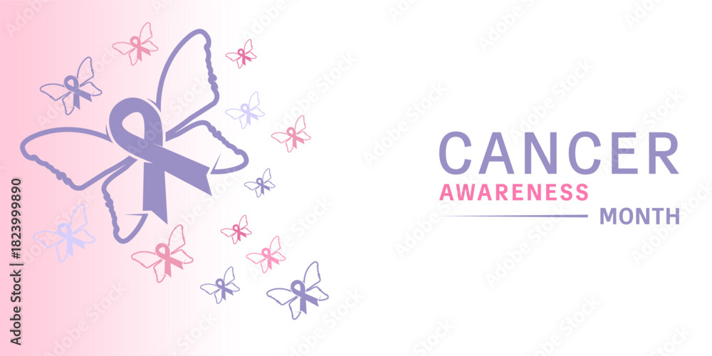 Fototapeta premium Purple and Colorful Butterfly combination with Cancer Ribbon vector. Cancer background concept. World Cancer day background. Cancer Awareness Month