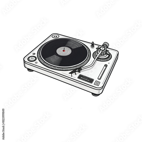 Black and white illustration of a vintage turntable record player