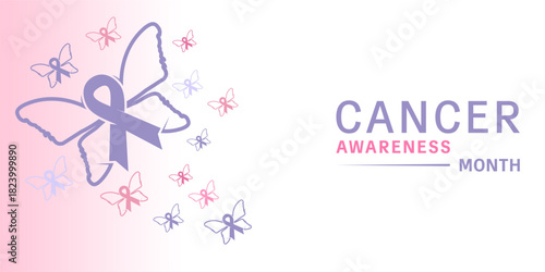 Purple and Colorful Butterfly combination with Cancer Ribbon vector. Cancer background concept. World Cancer day background. Cancer Awareness Month