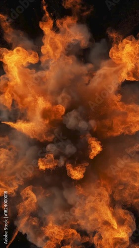 Vertical fiery explosion with a dark backdrop, dramatic energy and power concept, suitable for actionpacked designs and explosive graphics.