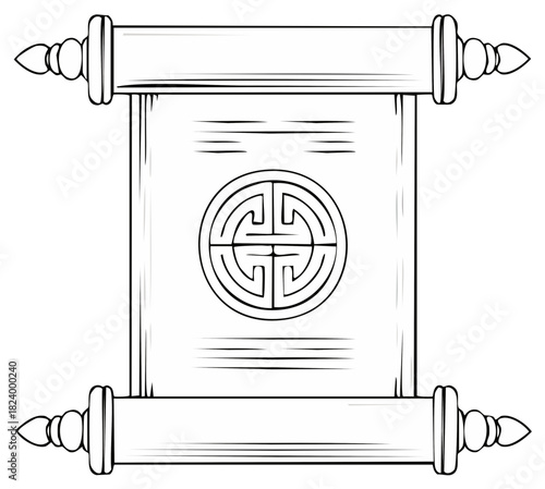 Asian Scroll Ornament with Longevity Symbol Illustration in Black and White