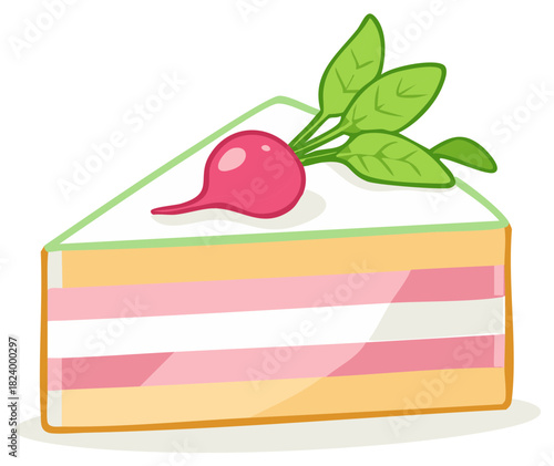 Surreal vector illustration of a layered cake slice topped with a fresh radish