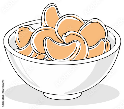 Hand drawn cartoon illustration of a white bowl full of crunchy potato chips