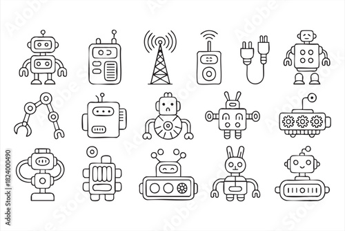 Clean outline AI and robotics symbols for engineering and digital system design